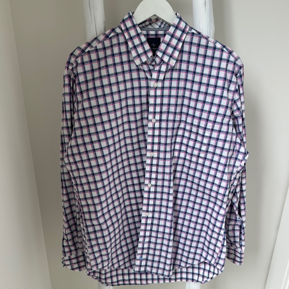 Tailorbyrd Men’s Plaid White Pink and Blue Long Sleeve Dress Shirt Size Large